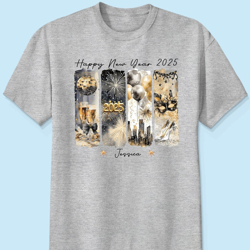 Retro New Year 2025 Disco Ball Gold Glitter Personalized Shirt, Brushstroke New Year New Me, New Year Gift For Yourself
