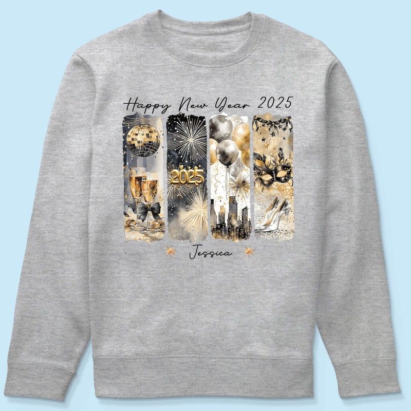 Retro New Year 2025 Disco Ball Gold Glitter Personalized Shirt, Brushstroke New Year New Me, New Year Gift For Yourself