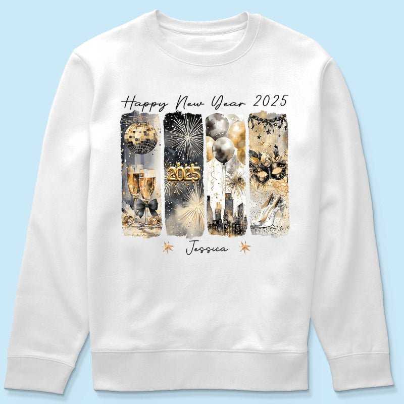Retro New Year 2025 Disco Ball Gold Glitter Personalized Shirt, Brushstroke New Year New Me, New Year Gift For Yourself