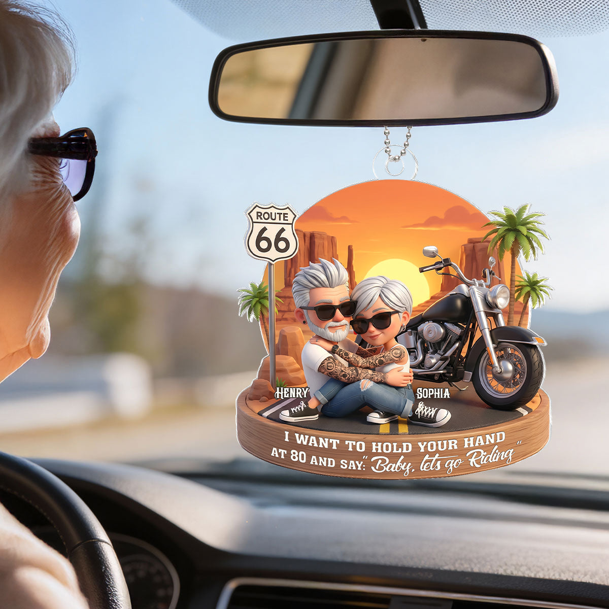 3D Effect Old Couple Baby Let's Go Riding - Personalized Acrylic Car Hanger - Sentimental Gift for him, for her