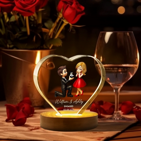 Marriage Proposal 3D Effect Personalized Crystal Heart LED, Engagement Gift for her, Free Delivery