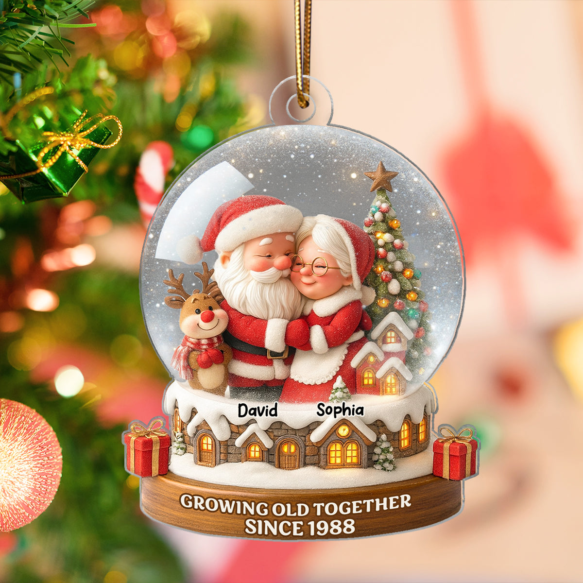 Snow Globe Santa Couple Growing Old Together Personalized Acrylic Ornament, 3D Effect, Christmas Gift for him, Gift for her