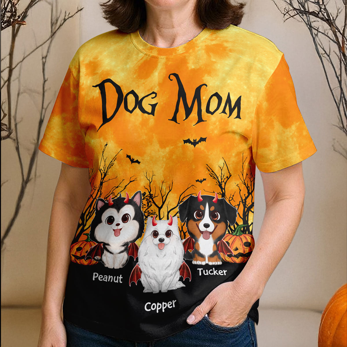 Dog Mom Halloween Moon Light Bat Tree Cute Cartoon Dog Personalized Shirt, Pawfect Costume for Dog Lover