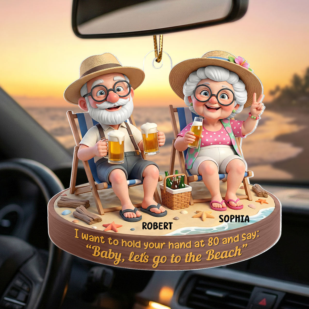 3D Effect Old Couple Baby Let's Go to the Beach - Personalized Acrylic Car Hanger - Sentimental Gift for him, for her