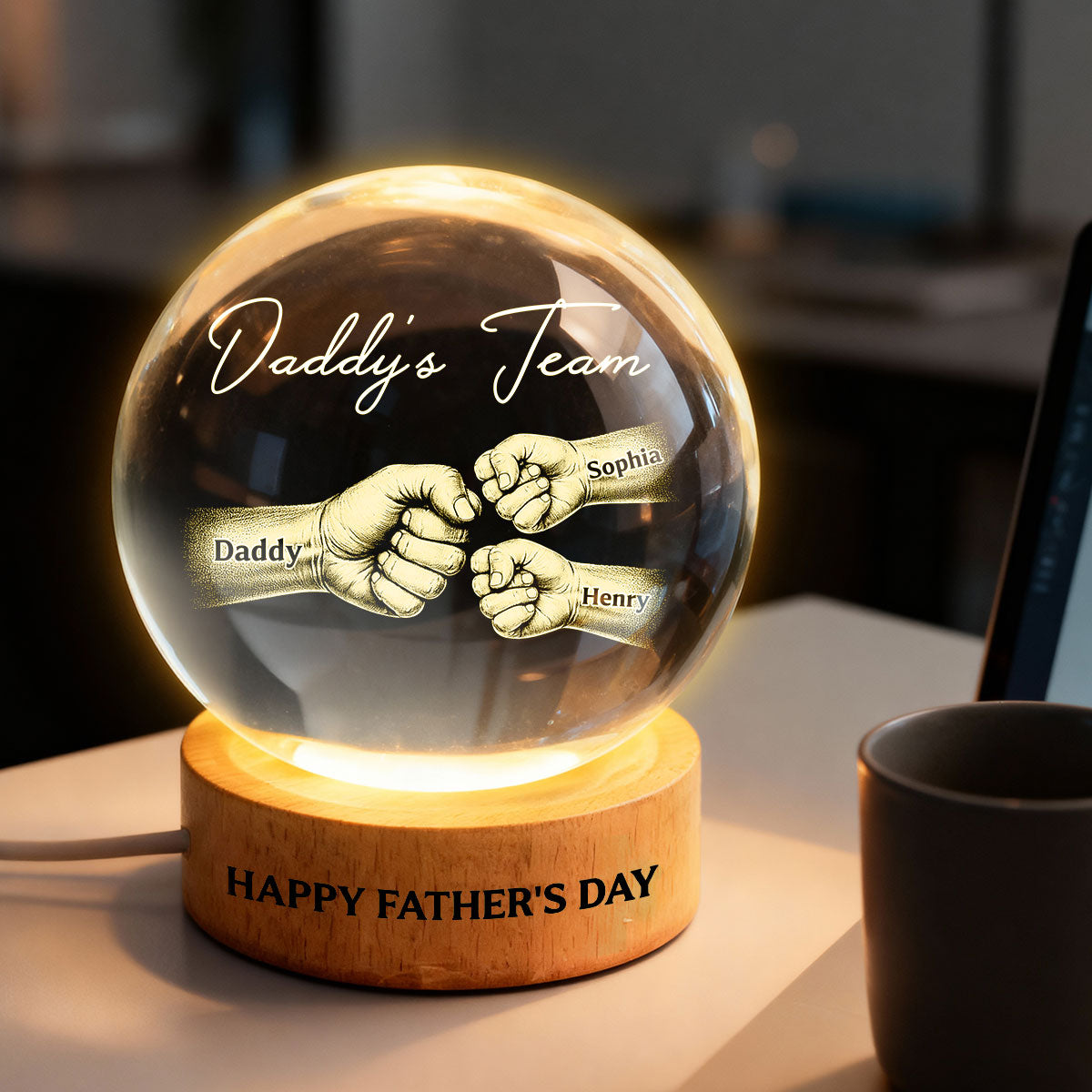 Daddy's Team Fist Bump - Personalized Crystal Ball LED Night Light - Gift For Dad, Husband