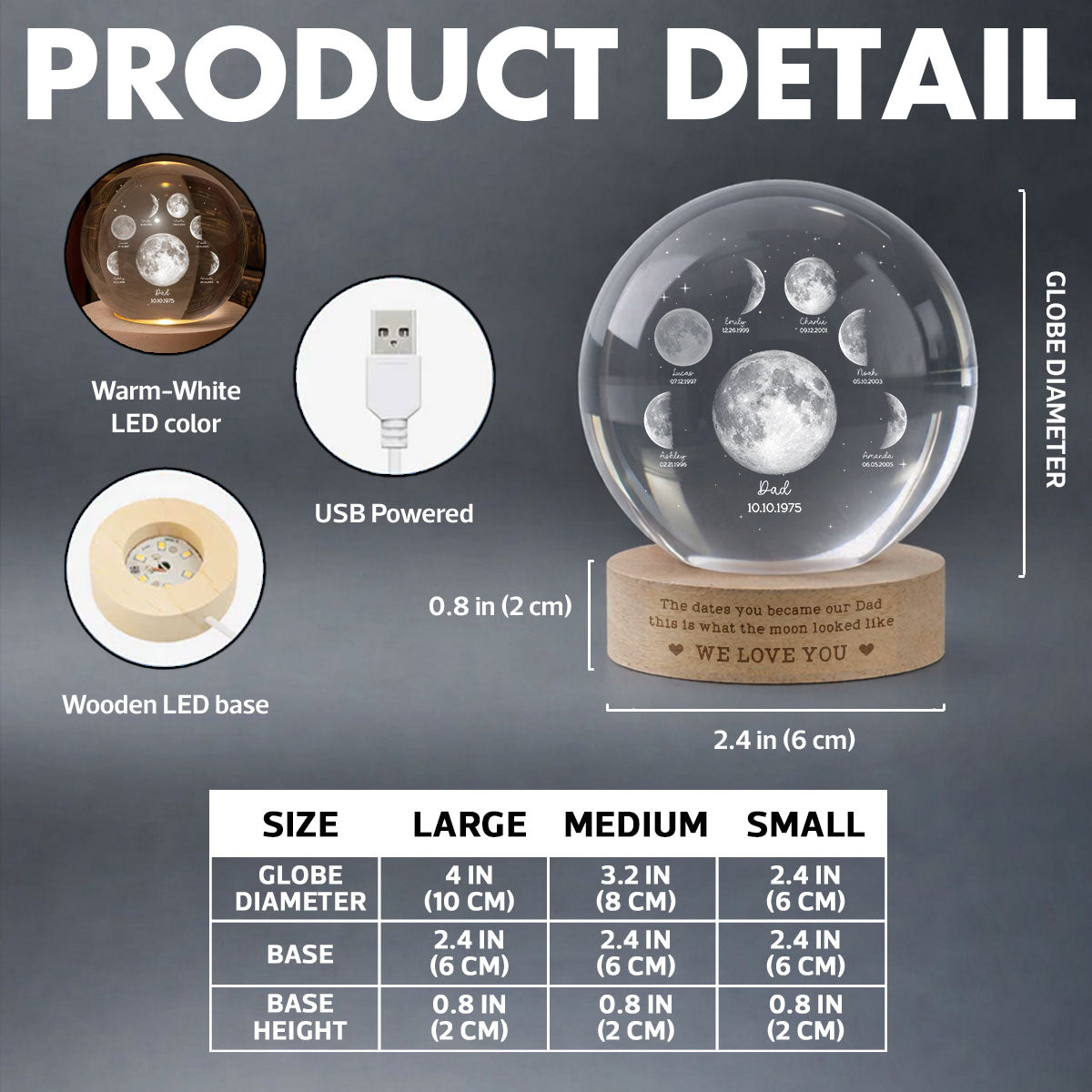 The Date You Became Our Dad - Personalized Crystal Ball LED Night Light - Custom Moon Phase by Date, Gift for Dad, Husband