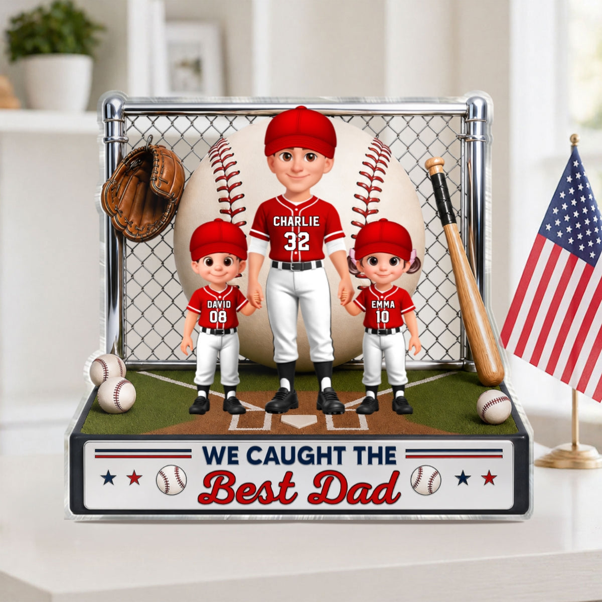 Baseball Dad And Kids We Caught The Best Dad - Personalized Acrylic Block Plaque - Gift For Dad, Husband