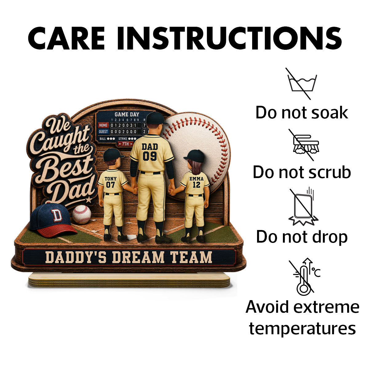 Baseball Things Dad & Kids Back View Standing 2D Flat - Personalized 2-Layered Wooden Plaque - Happy For Baseball Dad