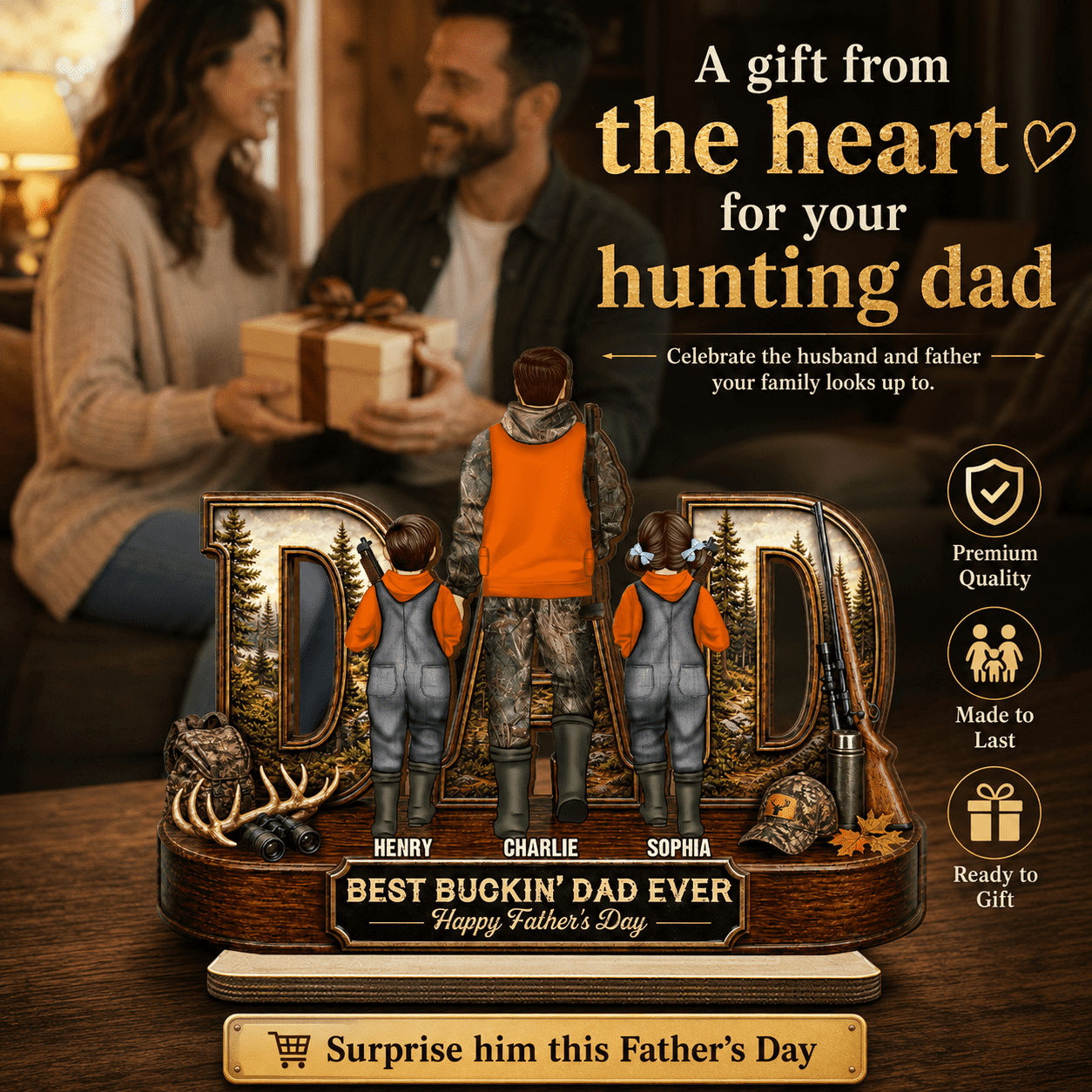 Hunting Dad Best Buckin' Dad Ever - Personalized 2-Layered Wooden Plaque - Unique Gift For Hunting Dad, Husband