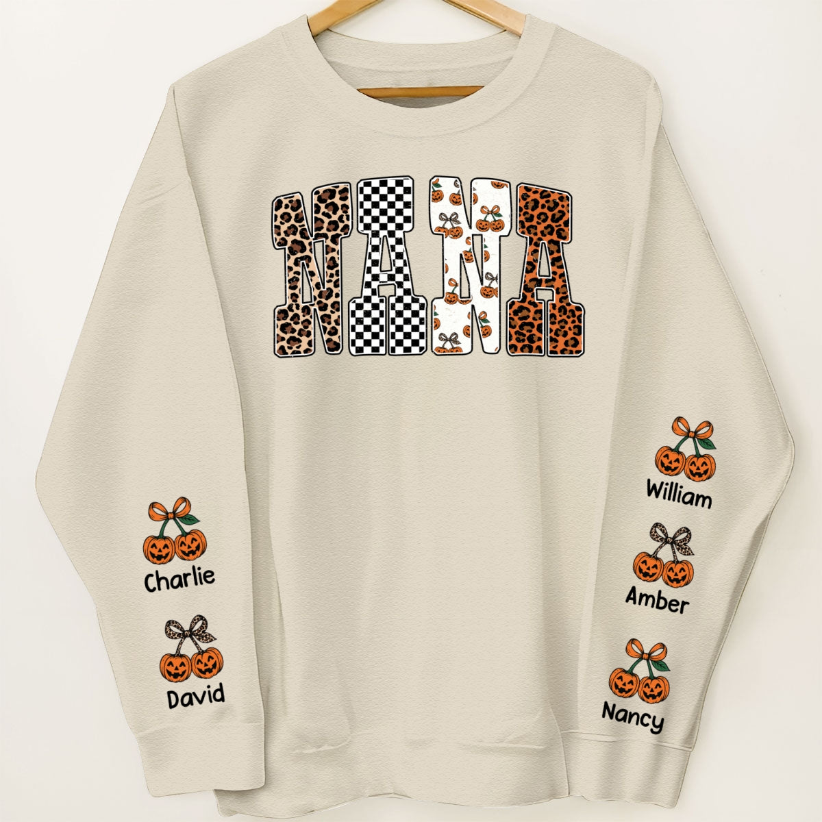 Trendy Fall Mama Personalized Sweatshirt – Leopard, Pumpkin & Checkerboard Fall Halloween Sweatshirt