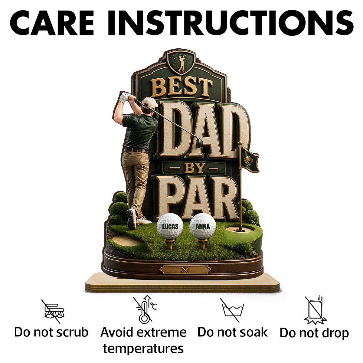 Golf Dad & Kids Best Dad By Par - Personalized 2-Layered Wooden Plaque - Gift For Dad, Husband