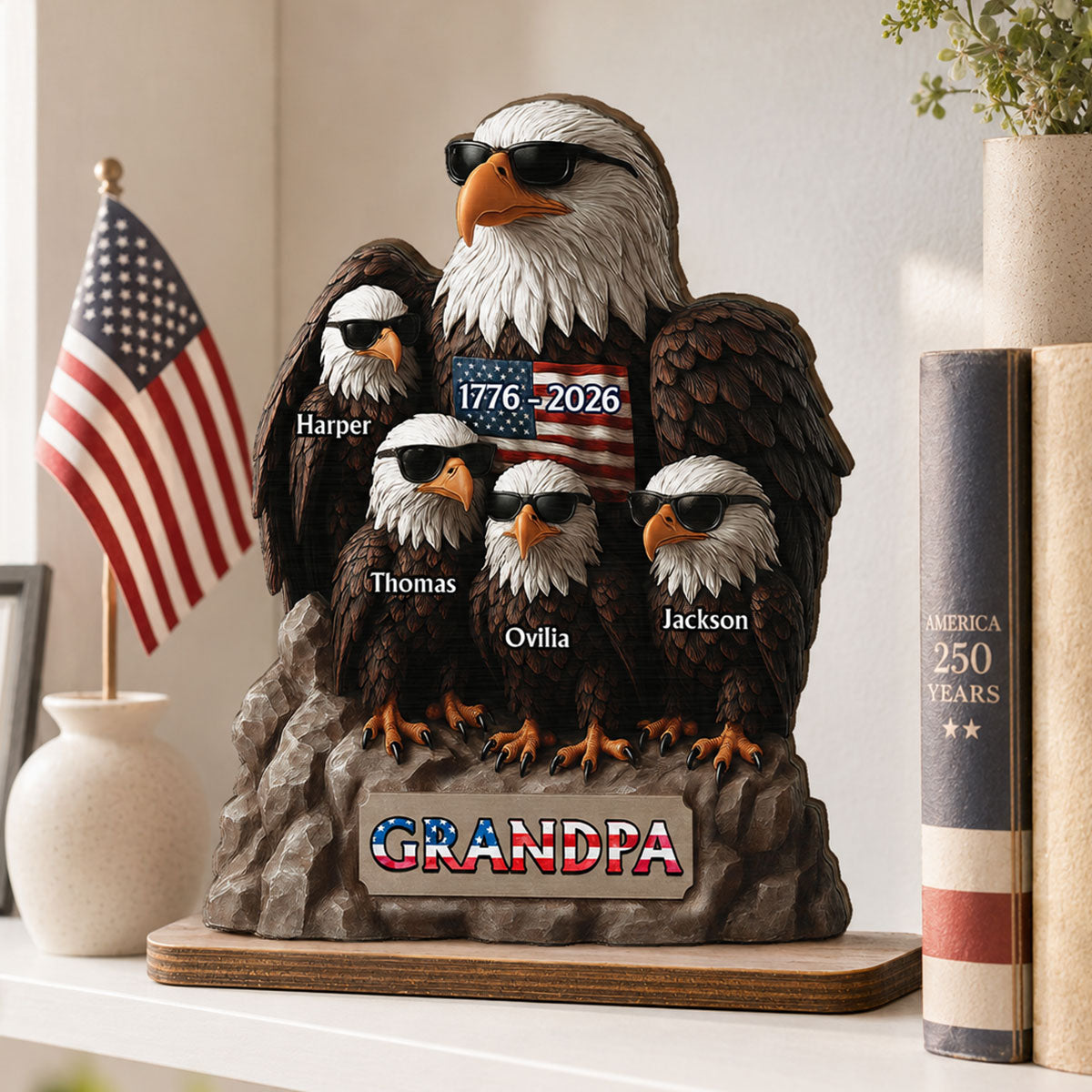 America 250th Anniversary Patriotic Eagle Grandpa Dad & Kids - Personalized 2-Layered Wooden Plaque - Gift, 250th Anniversary Gift, Keepsake For Grandpa, Dad