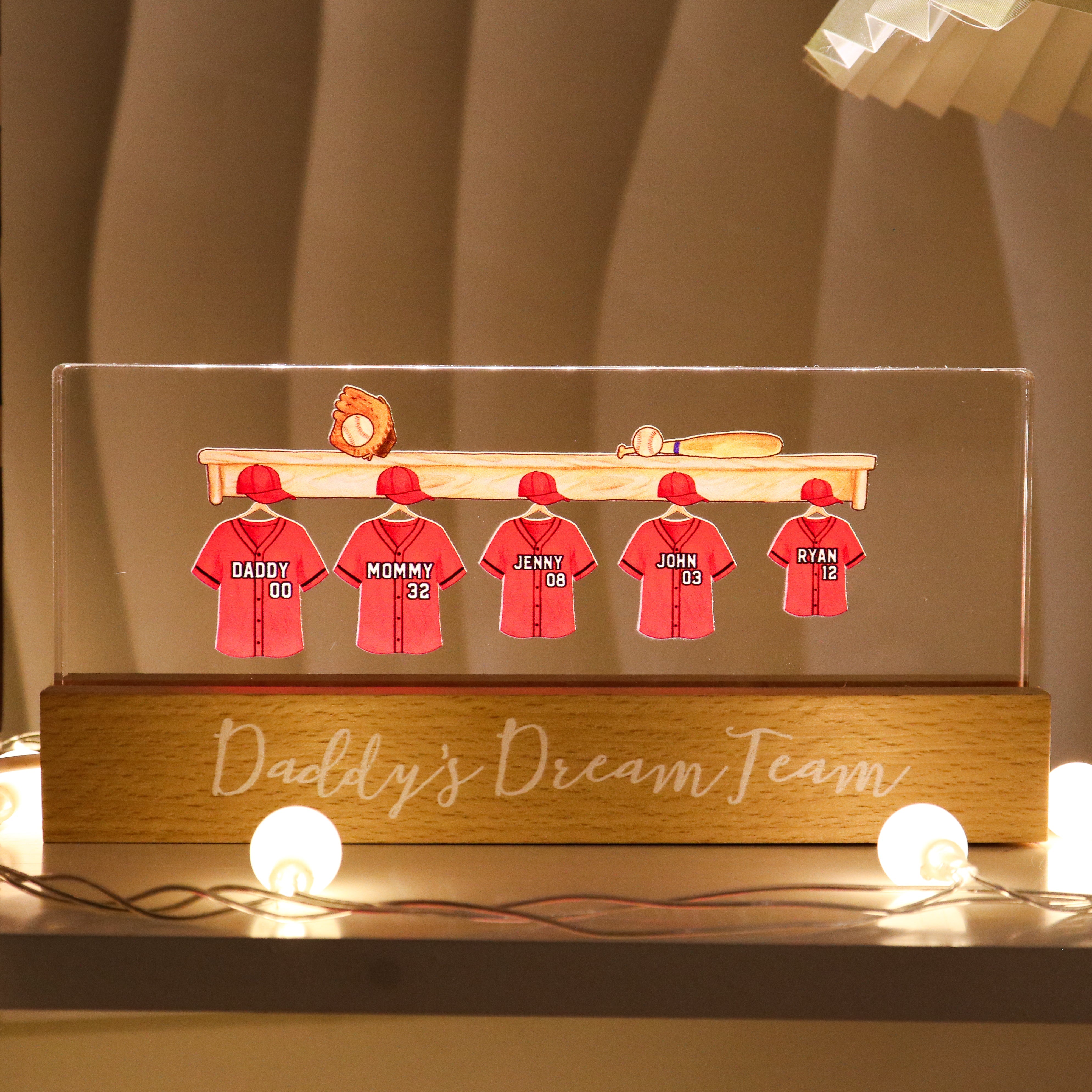 Daddy's Baseball Team Personalized Acrylic Block LED Night Light