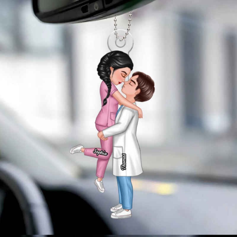 Hero Couple Hugging Kissing Personalized Acrylic Car Hanger Ornament, Anniversary Gift For Him, For Her, For The Couple