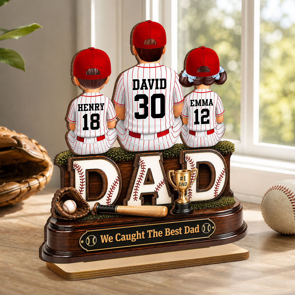 Baseball Dad and Children We Caught the Best Dad - Personalized 2-Layered Wooden Plaque - Gift for Dad, Husband