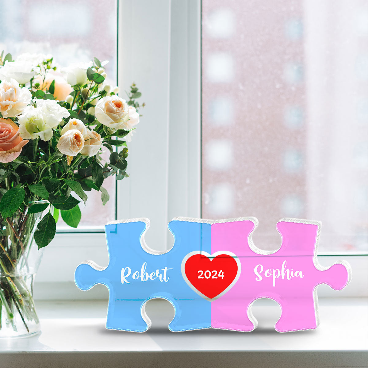 Love Is The Piece That Holds Us Together Acrylic Block Plaque, Personalize Couple Puzzle Name Sign, Gift For Him, For Her, Wedding Gift