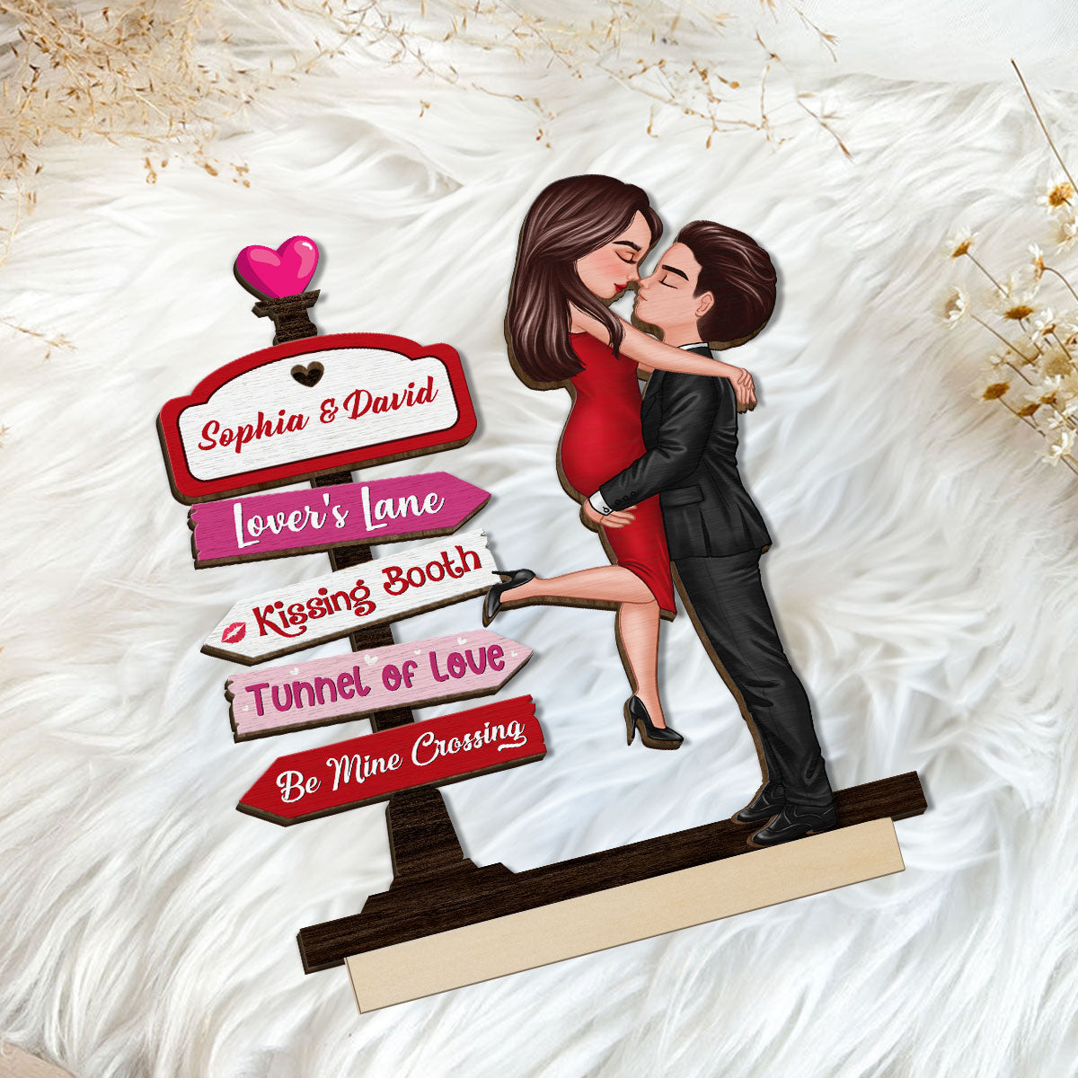 Couple Hugging Kissing Directional Sign Home Decor Personalized 2-Layer Standing Wooden Plaque