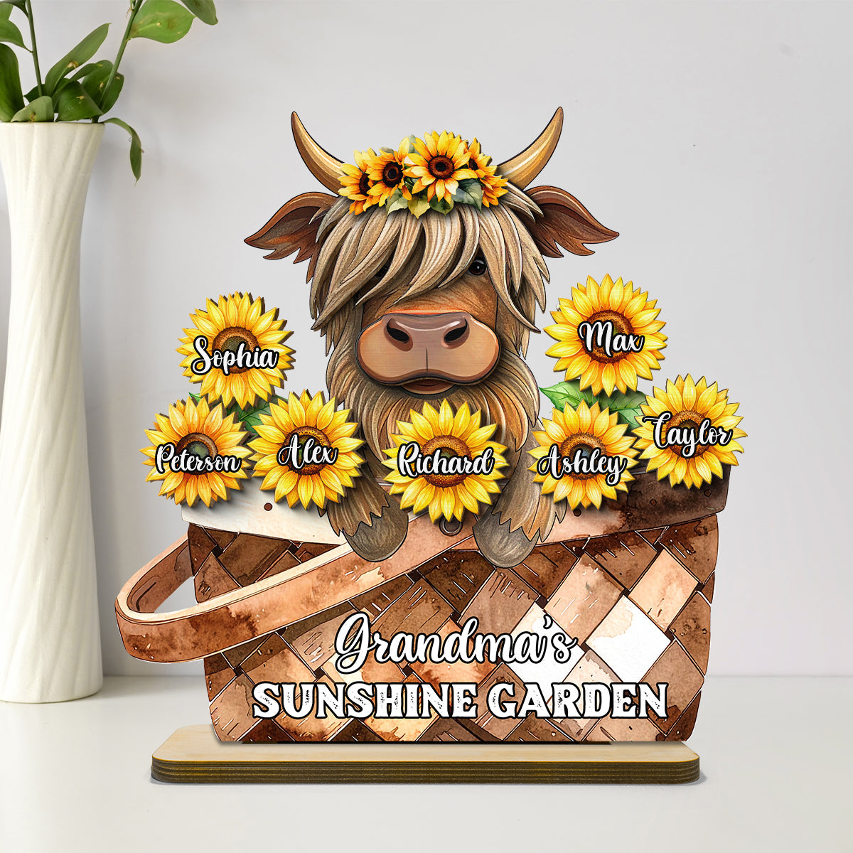 Cute Highland Cow Sunflower with Grandkids’ Names Sunny Vibe Personalized 2-Layer Standing Wooden Plaque