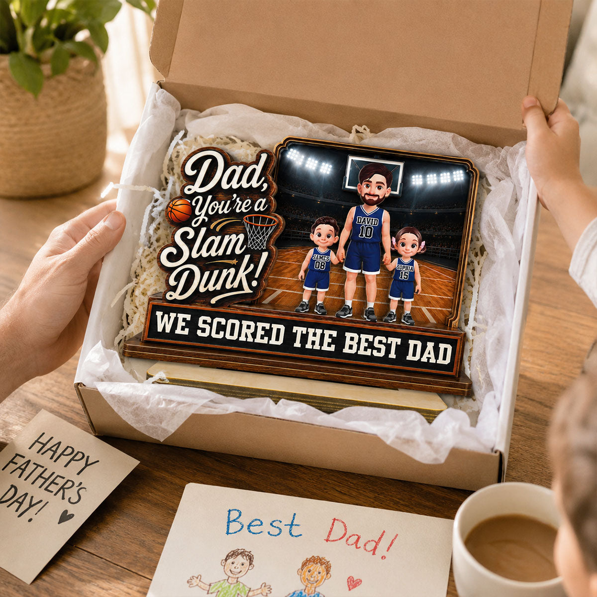 Dad You Are A Slam Dunk Basketball Man & Kids 2D Flat - Personalized 2-Layered Wooden Plaque - Gift For Basketball Dad