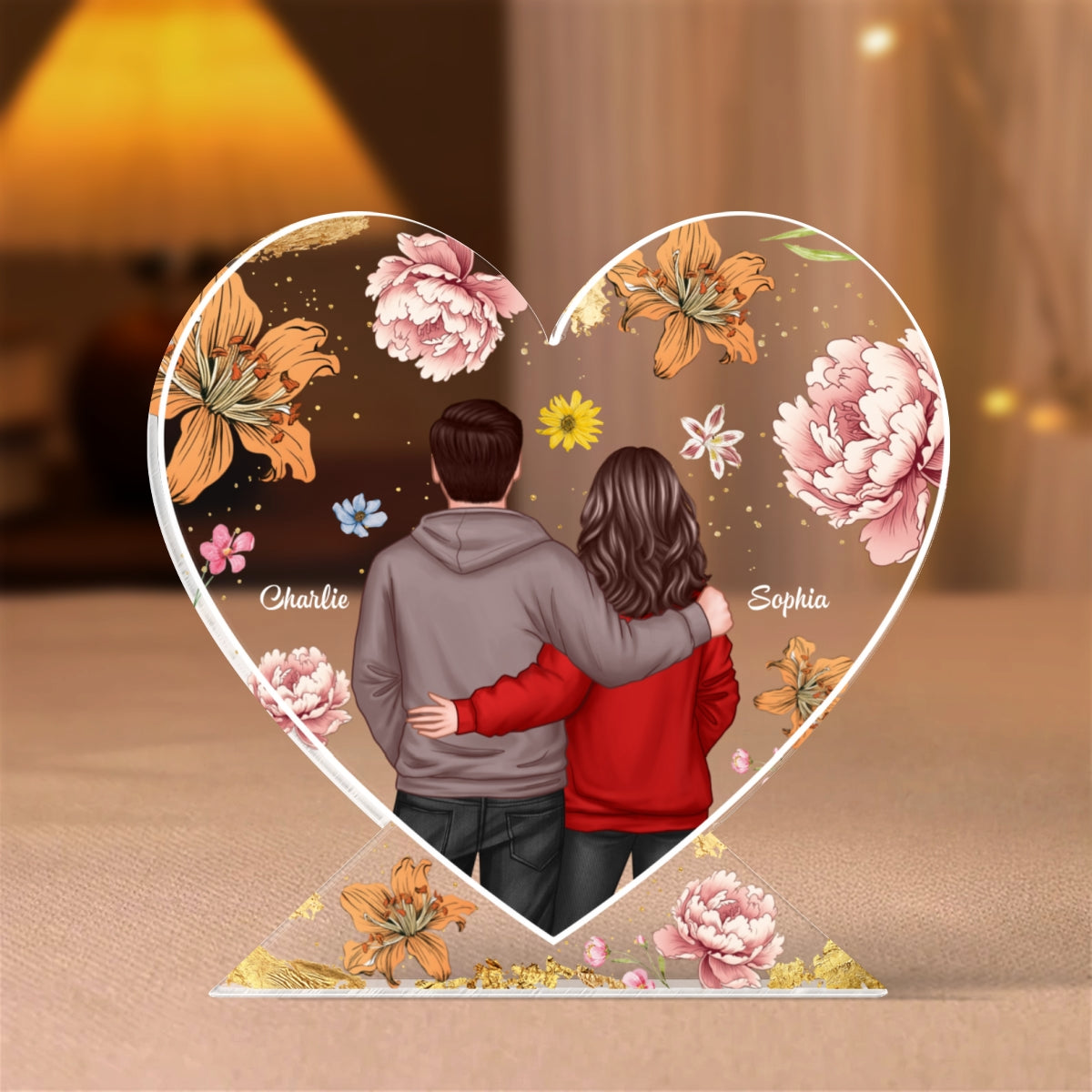 Couple Hugging Back View Birth Month Flower Personalized Acrylic Heart Block Plaque, Heartfelt 2025 Gift, Anniversary Gift For Girlfriend, For Wife