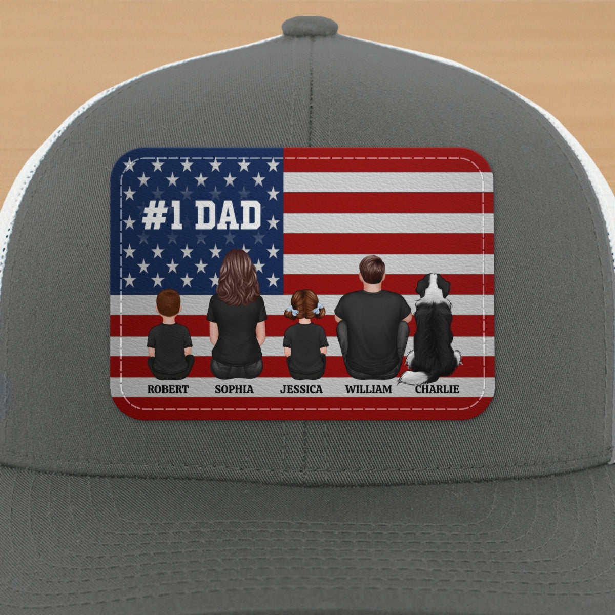 Nation Flag Dad And Kids Sitting Personalized Leather Patch Hat, Gift For Dad