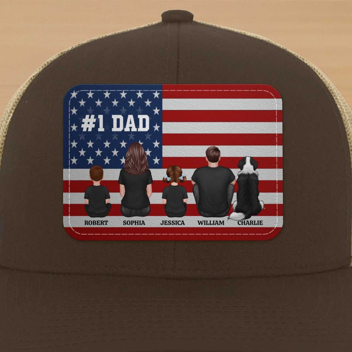 Nation Flag Dad And Kids Sitting Personalized Leather Patch Hat, Gift For Dad
