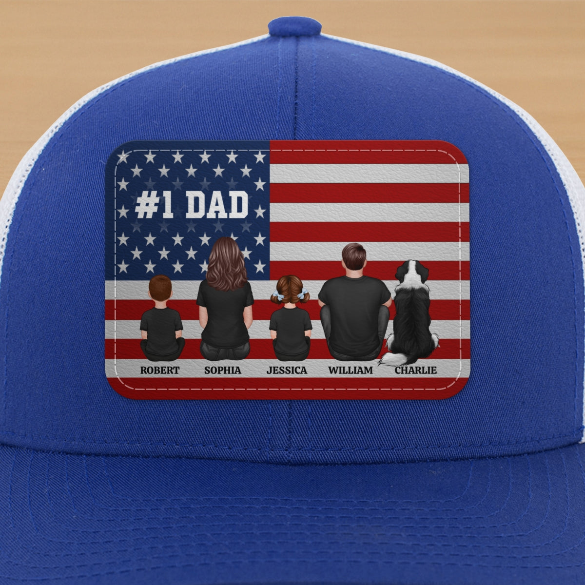 Nation Flag Dad And Kids Sitting Personalized Leather Patch Hat, Gift For Dad