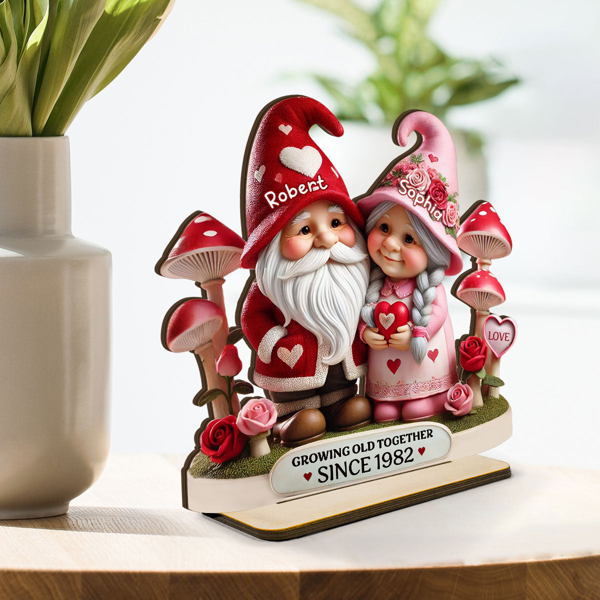 3D Effect Gnome Mushroom Old Couple Personalized Wooden Standing, Heartfelt Anniversary Gift, Gift For Couple, For Him, For Her, Husband, Wife
