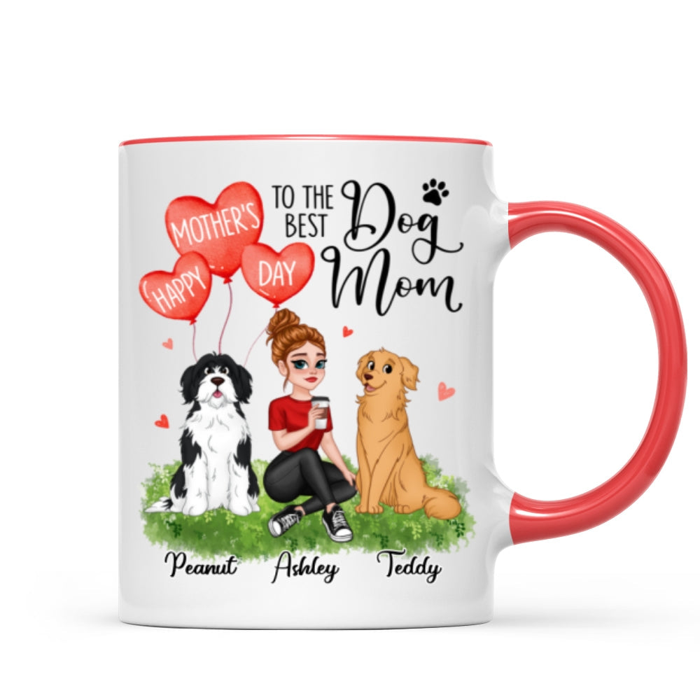 Happy Mother‘s Day Dog Mom Pretty Cartoon Woman Sitting Dogs Hearts Personalized Mug