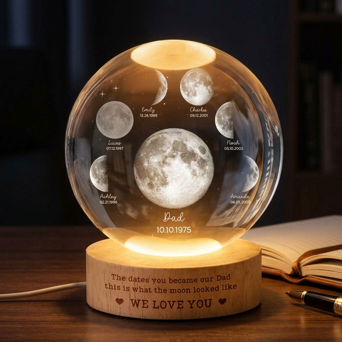The Date You Became Our Dad - Personalized Crystal Ball LED Night Light - Custom Moon Phase by Date, Gift for Dad, Husband
