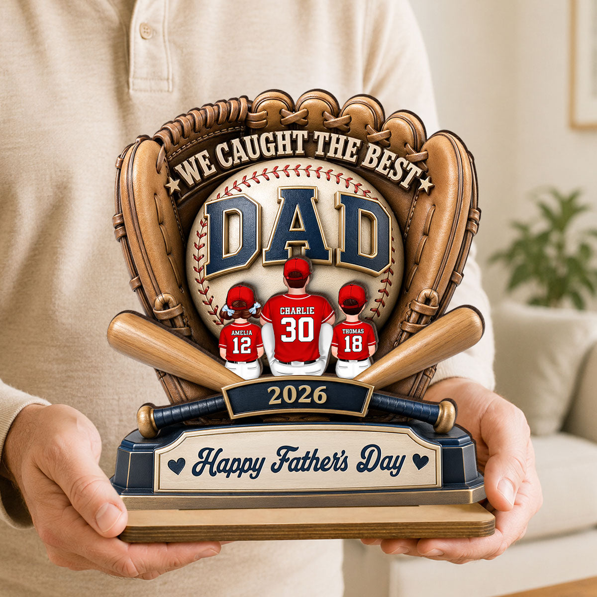 Dad's Greatest Catch Baseball - Personalized 2-Layered Wooden Plaque - Gift For Dad, Husband
