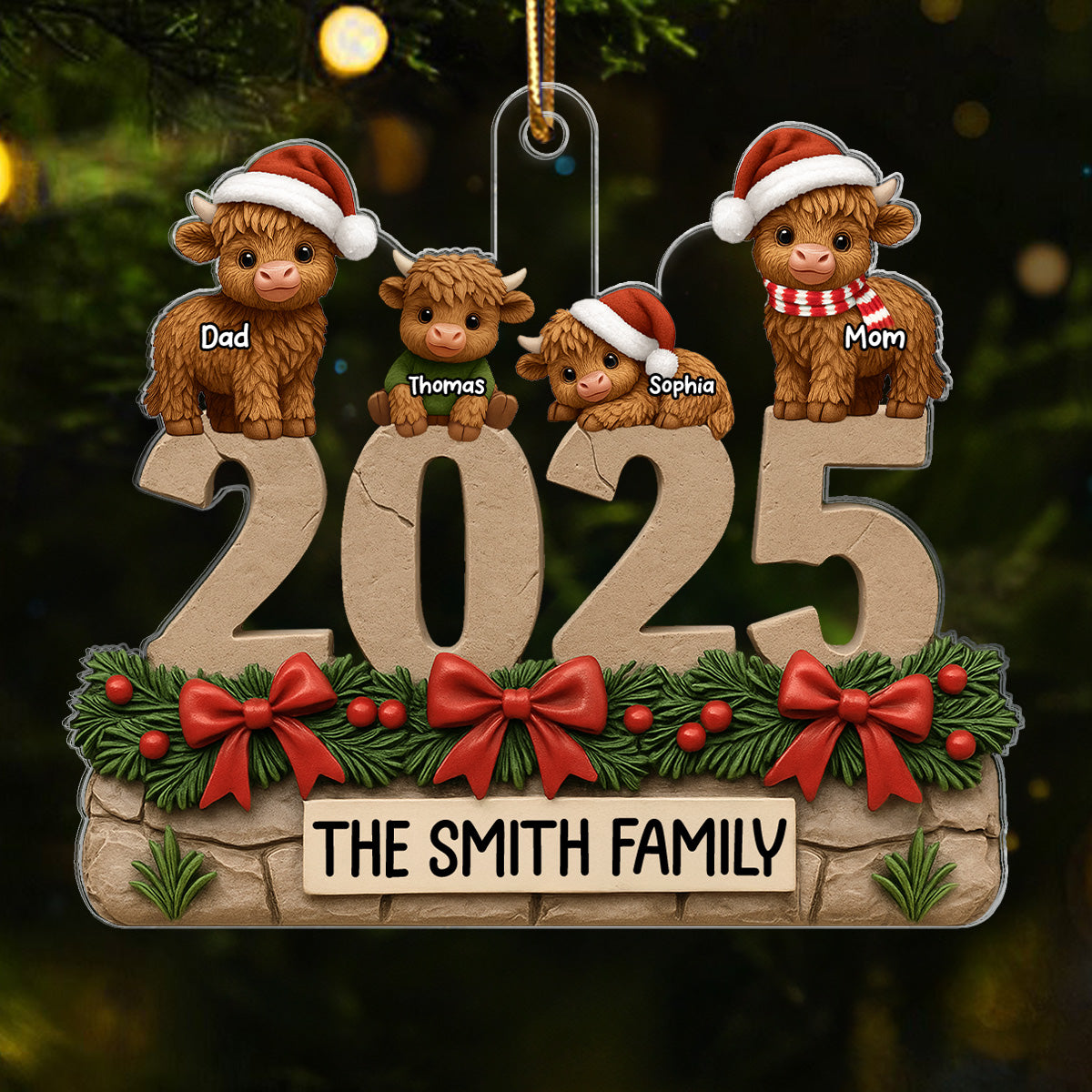 3D Effect Christmas Highland Cows Family Dad Mom Kids - Personalized Acrylic Ornament - Gift For Family