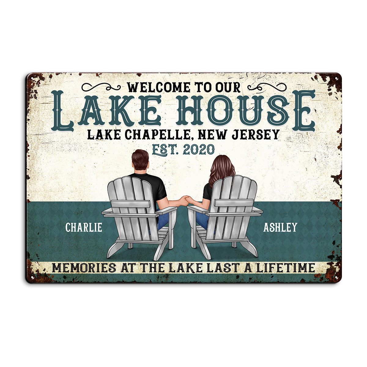Welcome To Our Lake House Back View Couple Personalized Metal Sign
