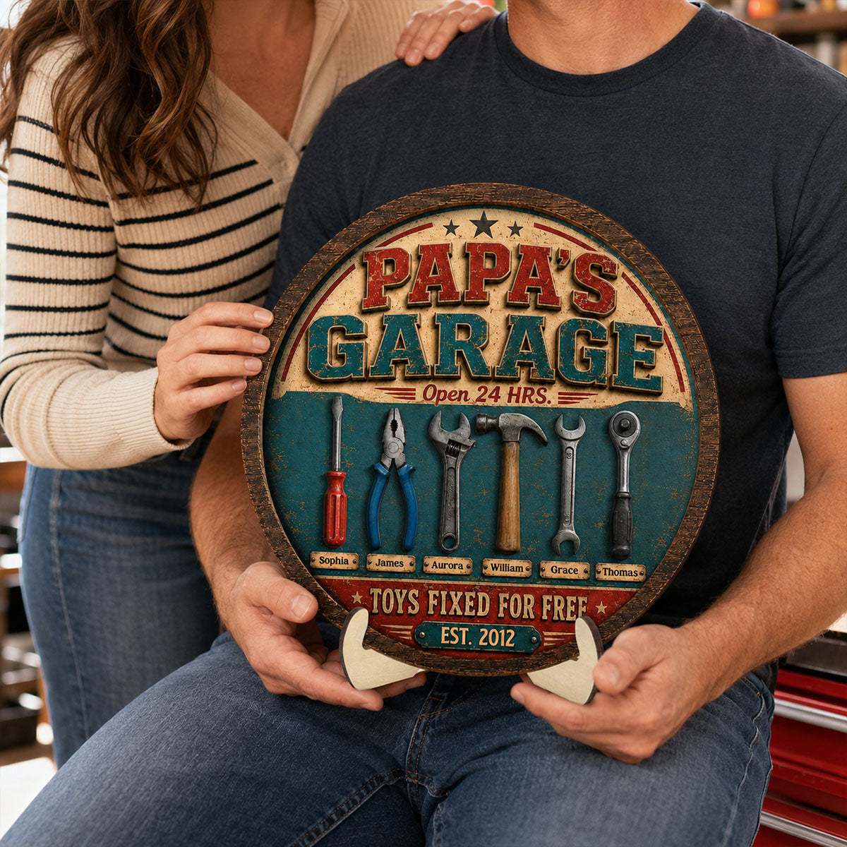 Papa Dad's Garage Toys Fixed For Free Custom Kid Name 2D Flat - Personalized 2-Layered Wooden Plaque - Gift For Mechanic Dad, Grandpa