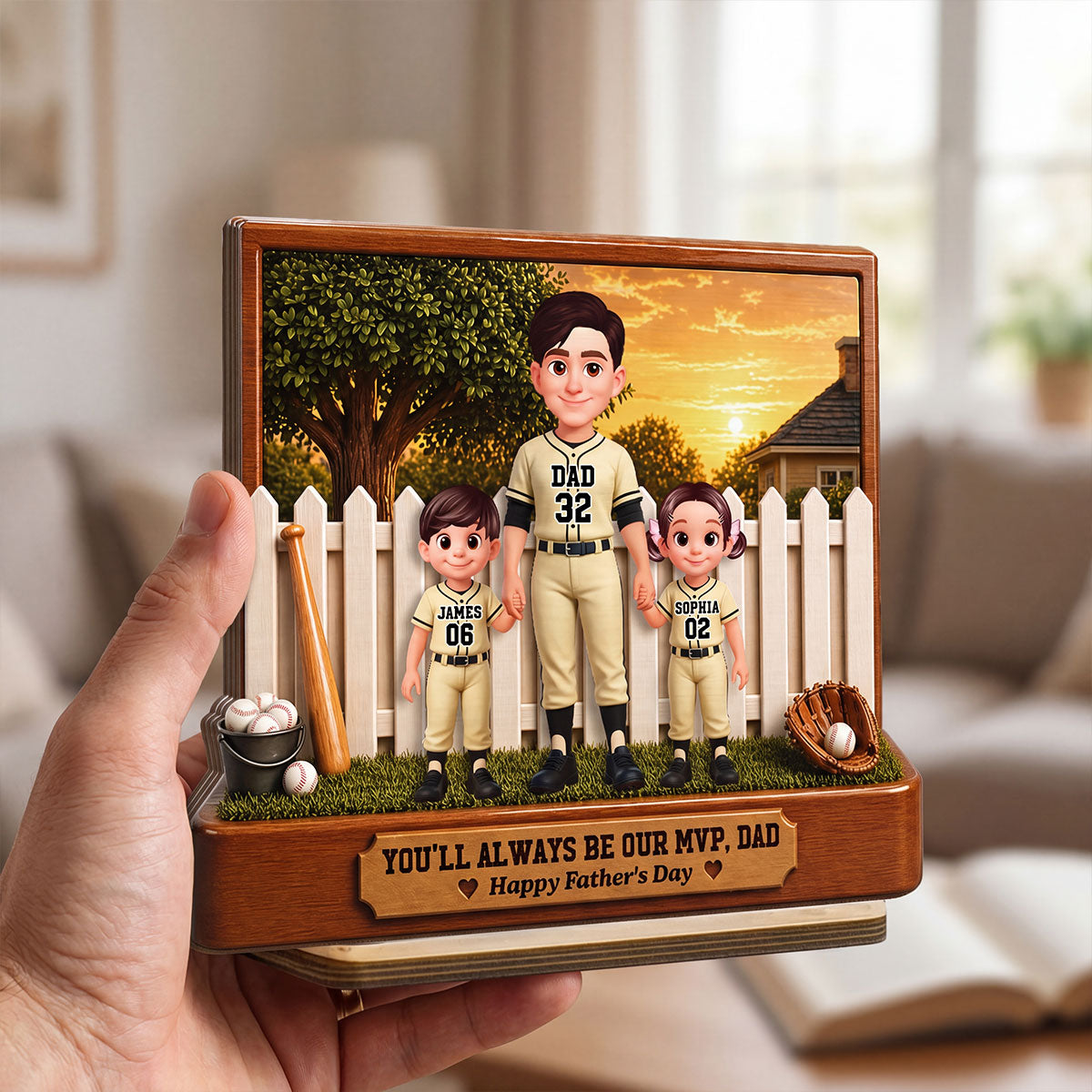 Baseball Dad And Kids Backyard We Caught The Best Dad - Personalized 2-Layered Wooden Plaque - Gift For Dad