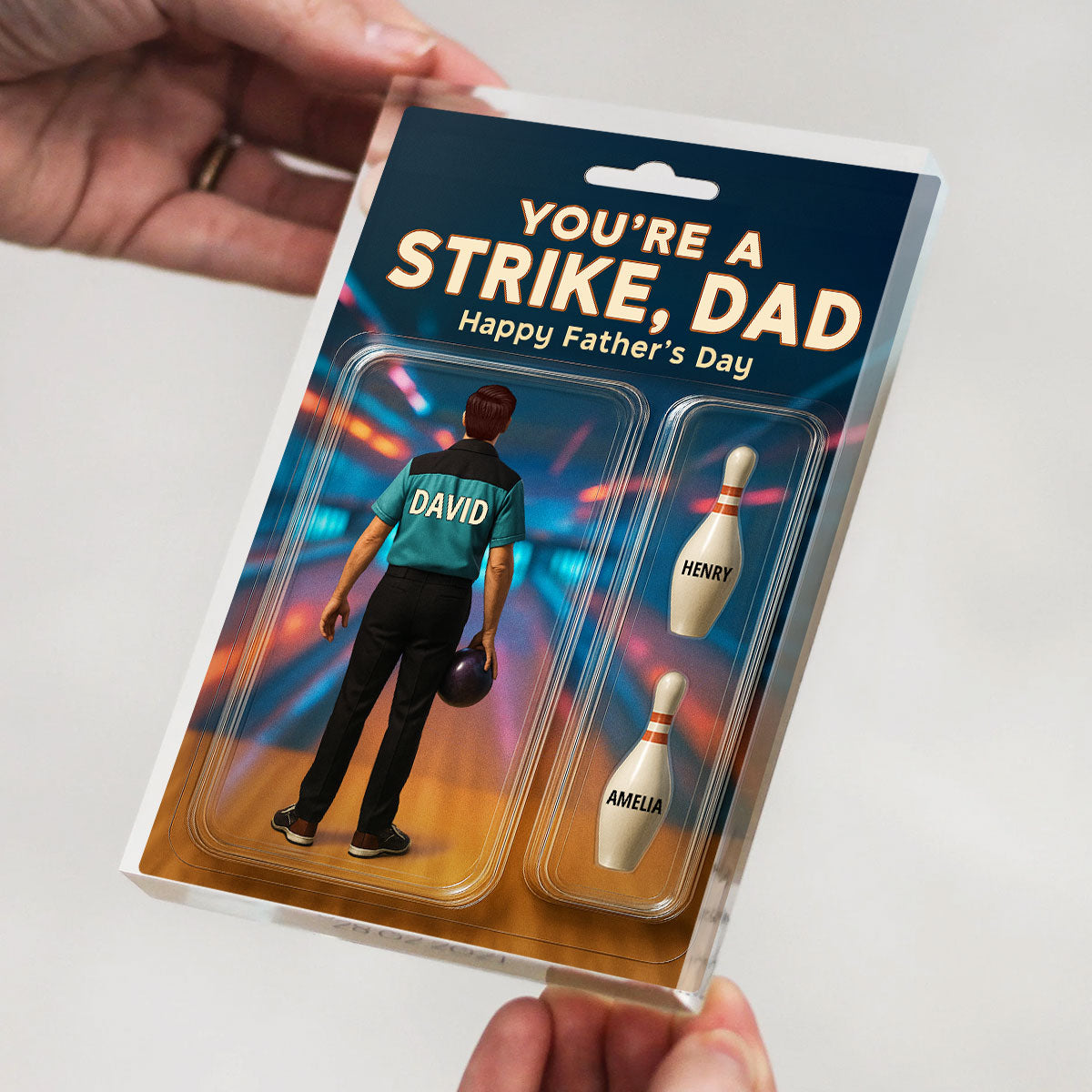 You're A Strike Dad With Kids' Names Custom Figure Personalized Acrylic Block Plaque, Unique Gift For Him, For Dad, For Bowling Lover