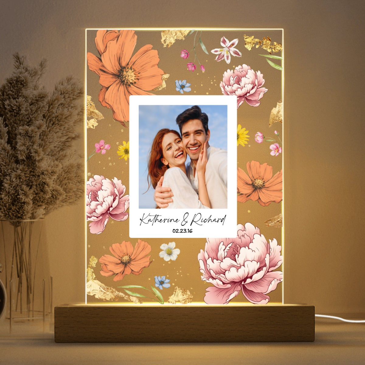 Couple Upload Photo Birth Month Flowers Personalized Acrylic LED Night Light, Anniversary Gift, Gift