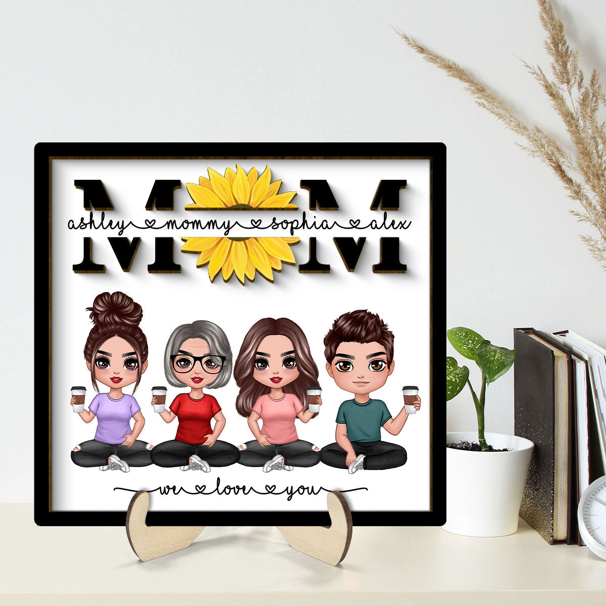 We Love You Mom Sunflower Doll Sitting Personalized 2-Layer Wooden Plaque