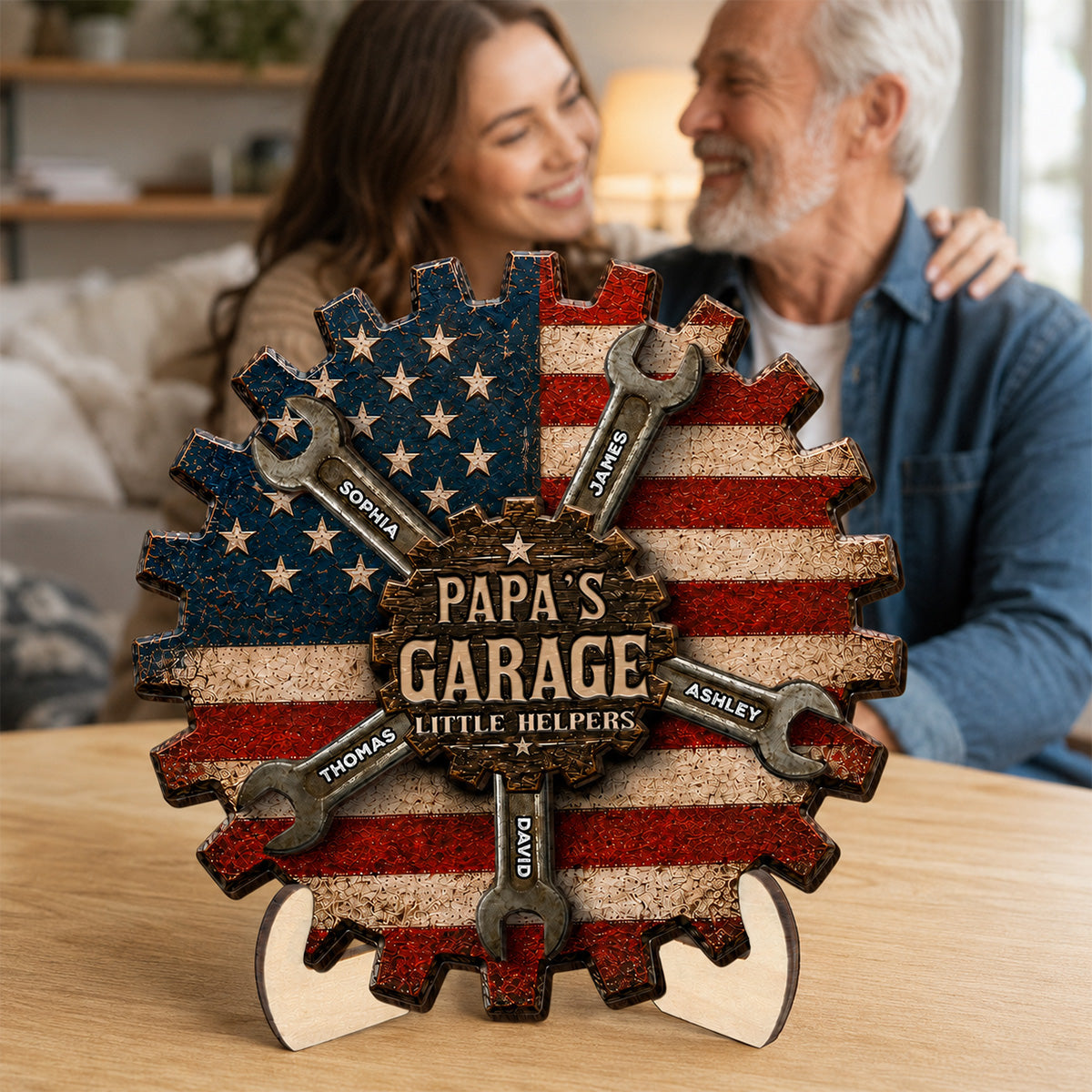 Rustic Workshop Little Helpers Nation Flag Theme 2D Flat - Personalized 2-Layered Wooden Plaque - Gift For Patriotic Mechanic Dad, Grandpa