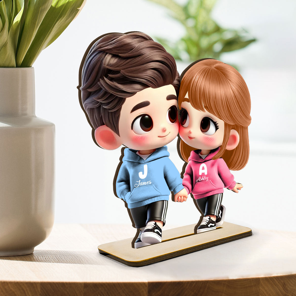 3D Effect Cute Cartoon Couple Holding Hands Personalized Standing Wooden Plaque, Anniversary & Gift for him, Gift for her