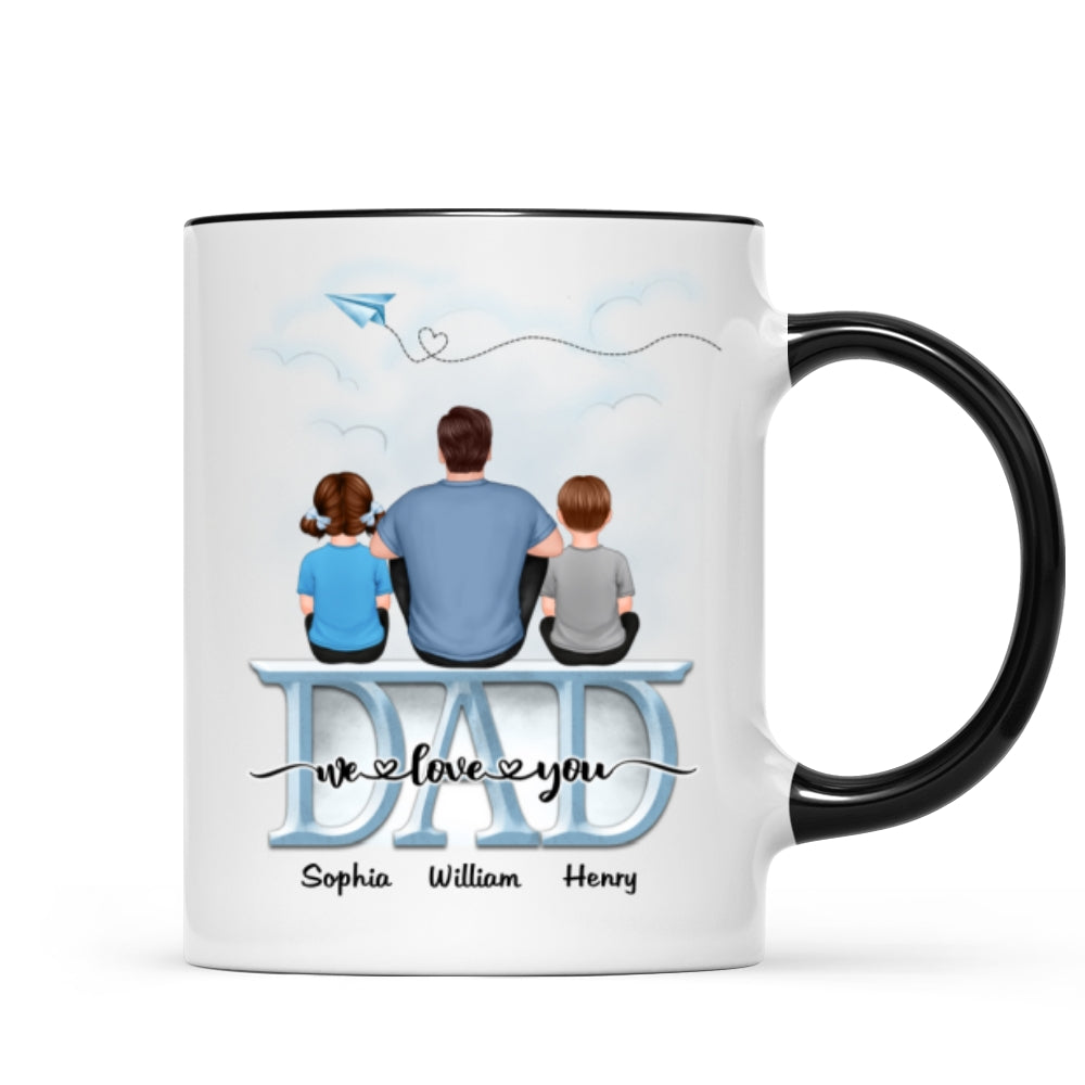 Back View Dad And Children Sitting On Word Father‘s Day Gift Personalized Mug