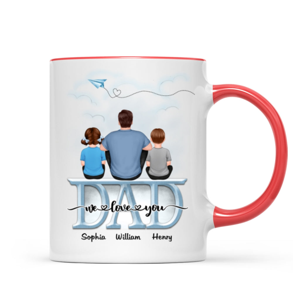 Back View Dad And Children Sitting On Word Father‘s Day Gift Personalized Mug