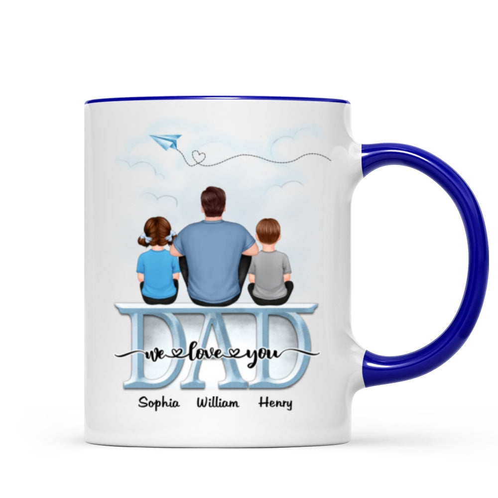 Back View Dad And Children Sitting On Word Father‘s Day Gift Personalized Mug