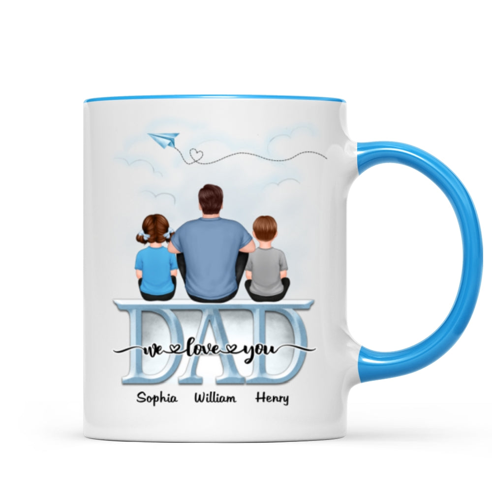 Back View Dad And Children Sitting On Word Father‘s Day Gift Personalized Mug