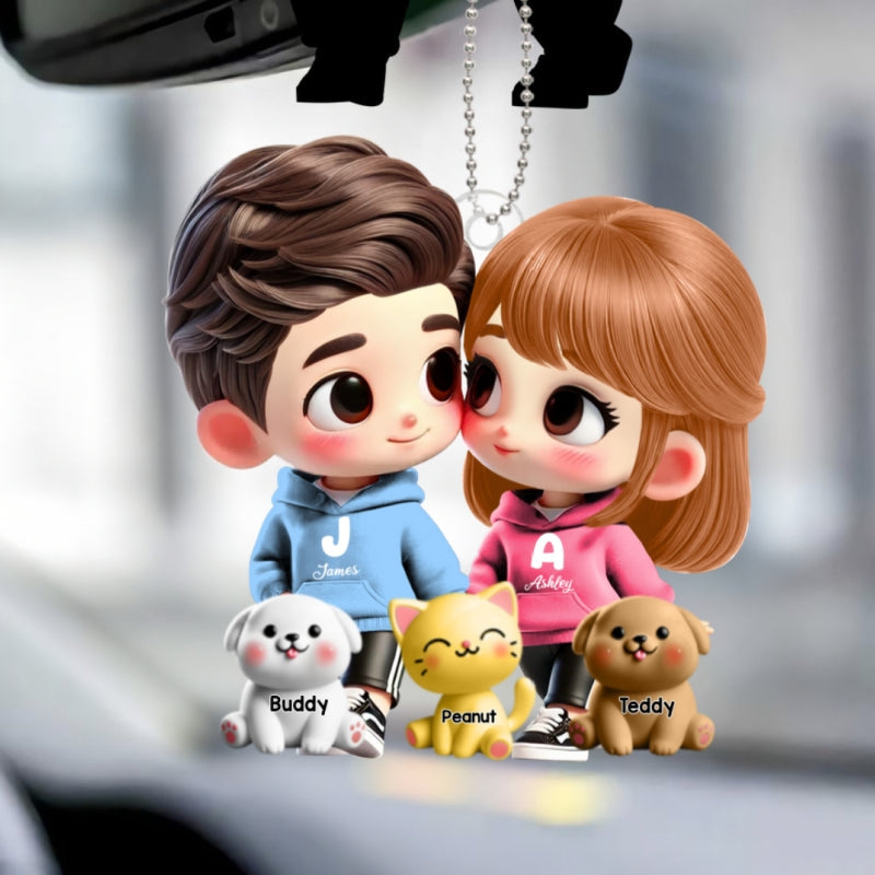 3D Effect Cute Cartoon Couple Holding Hands with Dogs Cats Personalized Acrylic Car Hanger, Anniversary & Gift for him, Gift for her