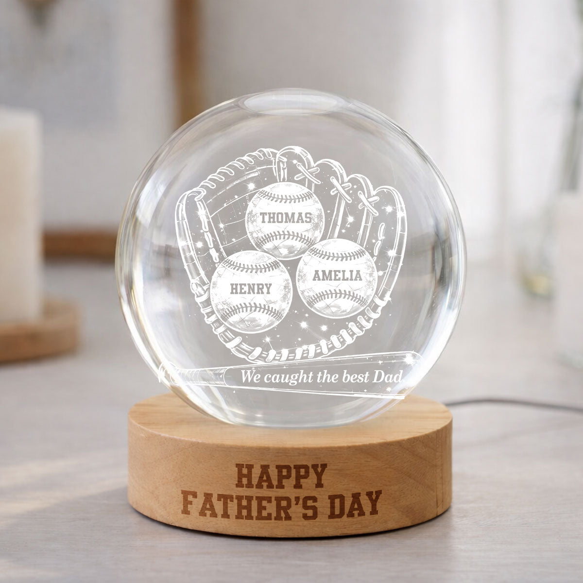 Happy Baseball Dad - Personalized Crystal Ball LED Night Light - Gift for Dad, Husband