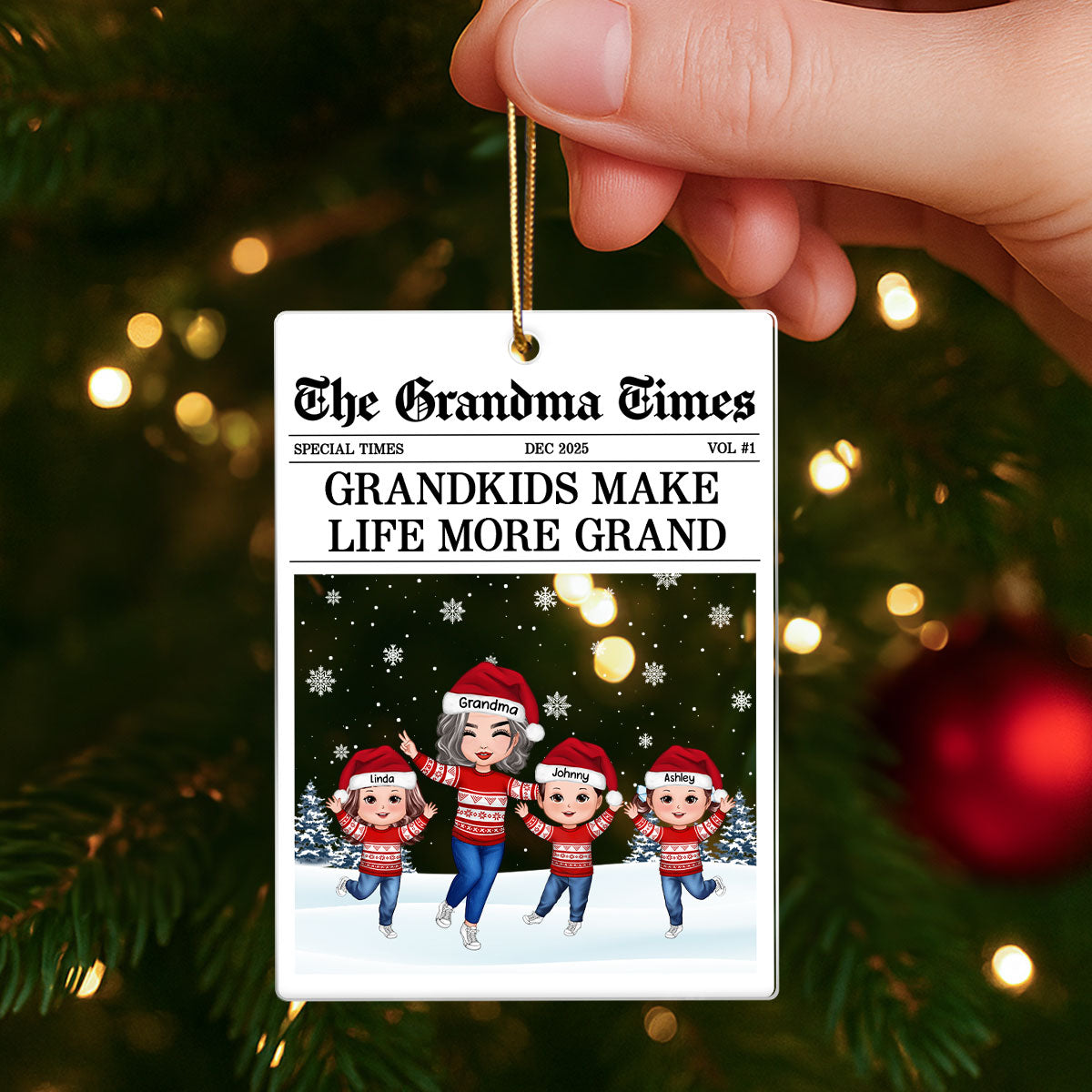 The Grandma Times Grandkids Newspaper - Personalized Acrylic Ornament - Christmas Gift for Grandma