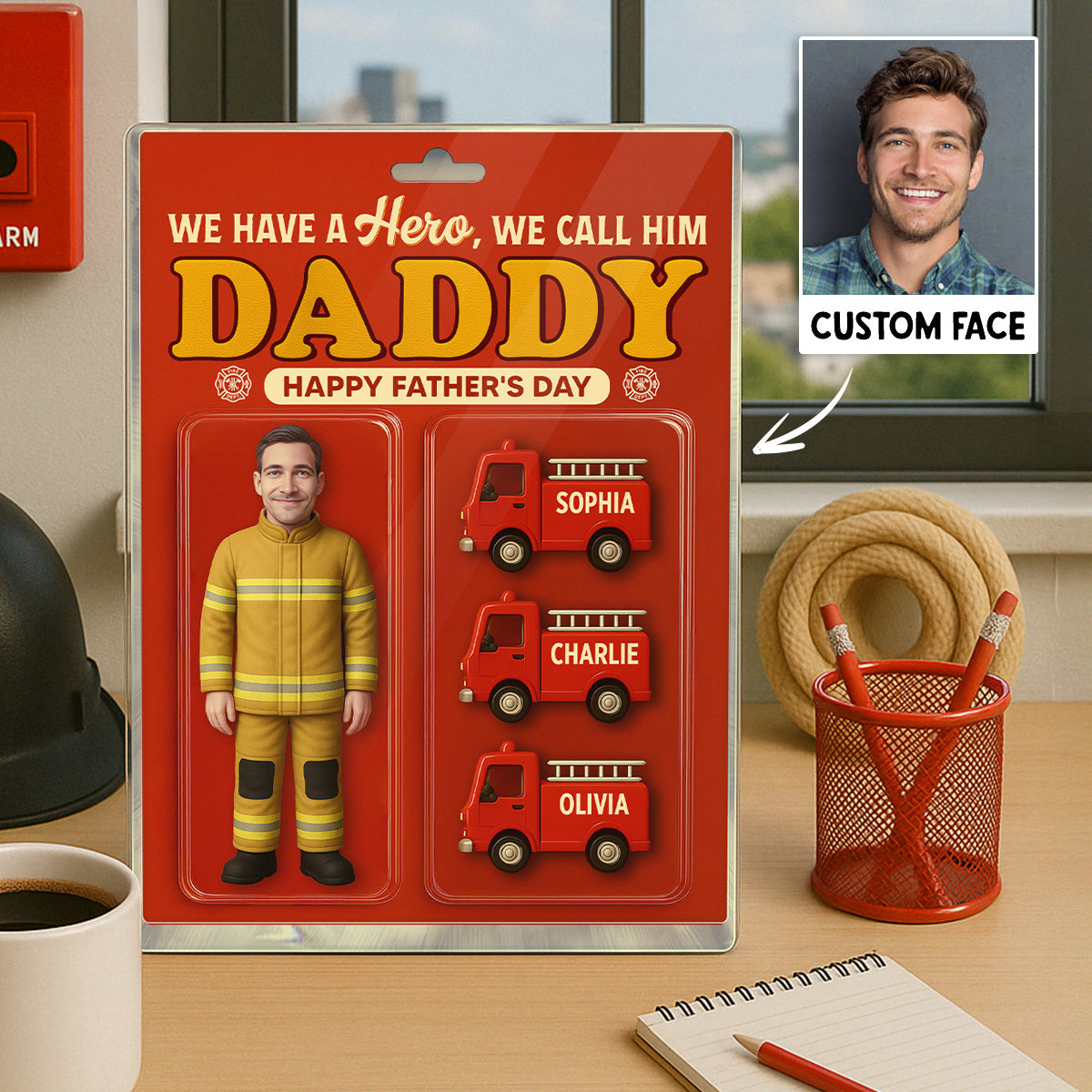 Firefighter Dad Hero Custom Figure 3D Effect Personalized Flat Acrylic Block Plaque, Unique Gift For Dad