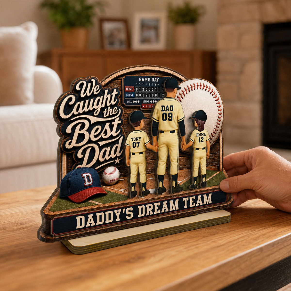 Baseball Things Dad & Kids Back View Standing 2D Flat - Personalized 2-Layered Wooden Plaque - Happy For Baseball Dad