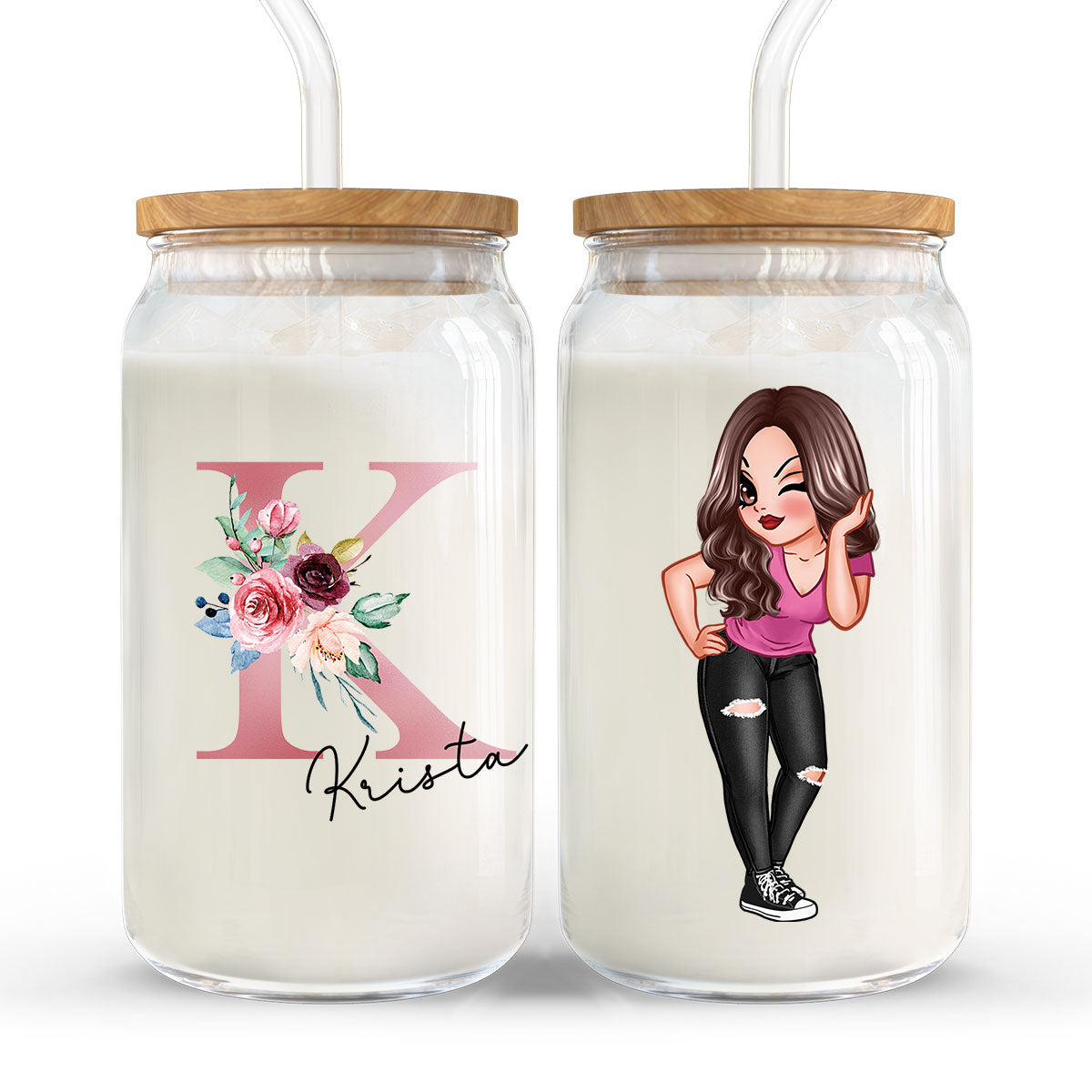 Beautiful Floral Initial Name Mother‘s Day Birthday Gift For Grandma Mom Women Personalized Clear Glass Can